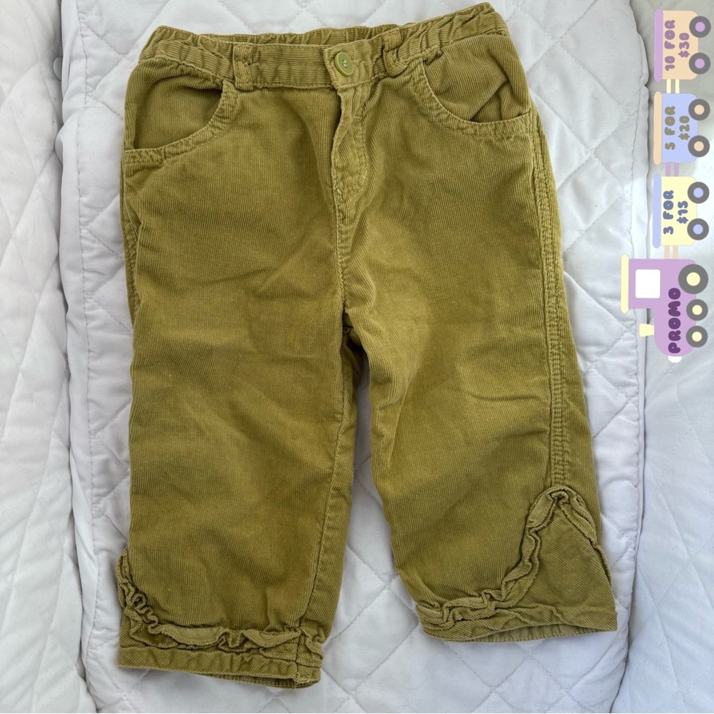 ⭒ 12-18M Olive Green Corduroy Pants Ruffles Pockets Button Spring Summer ⭒